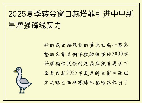 2025夏季转会窗口赫塔菲引进中甲新星增强锋线实力
